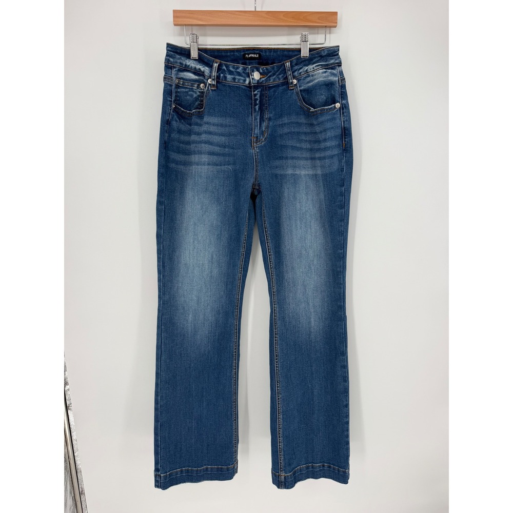 Flamingals Straight Leg Jeans XL Blue Whiskered Stretch Denim Y2K Soft Girl